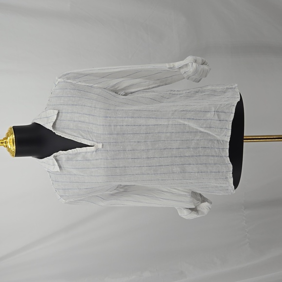 Saks Fifth Avenue Linen White Blue Striped Collared Button Tab Roll Sleeve Top M - Picture 8 of 10
